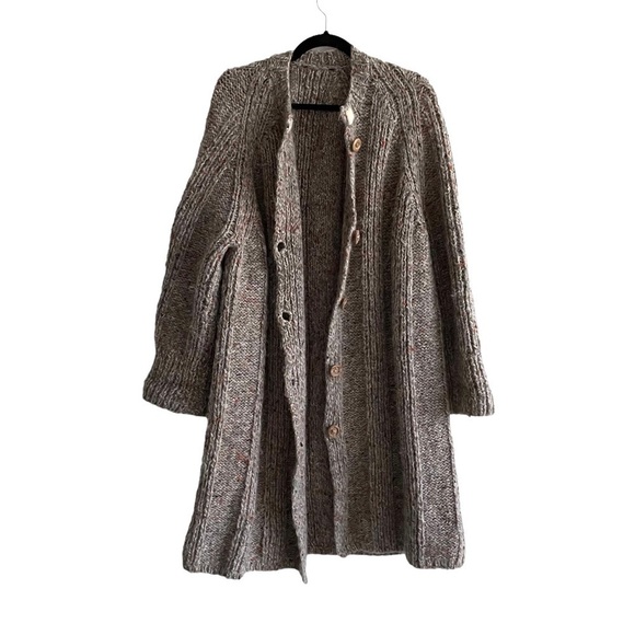 HAND KNIT Wool Long Button Front Cardigan Sweater Coat XL - Picture 3 of 9
